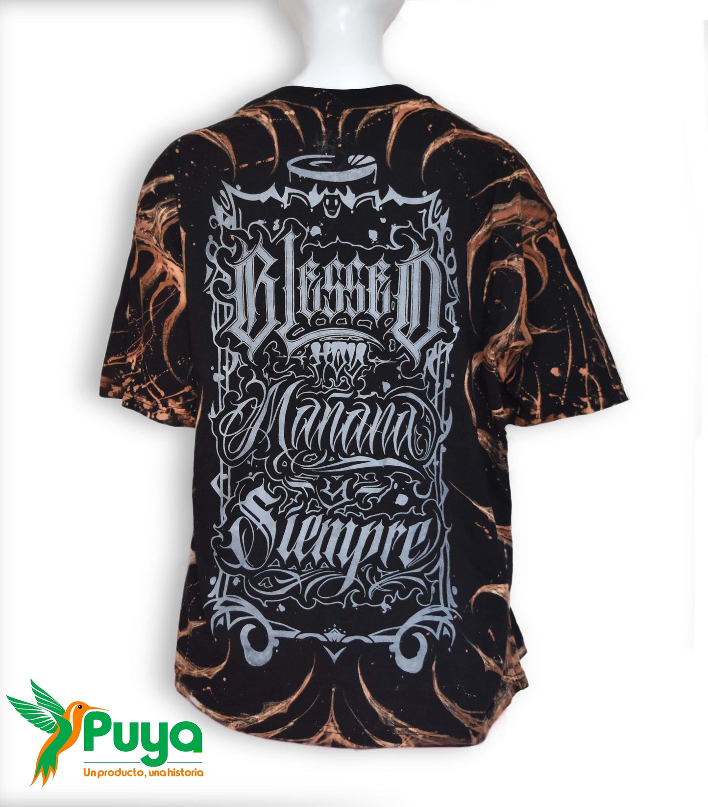 POLERA NEGRO PINTADO A MANO CON BOLSA Y STICKER (MARCA BLESSED)