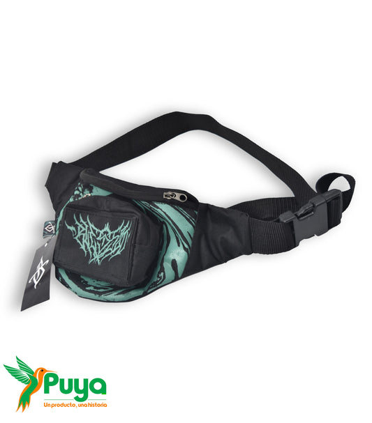 CANGURERA NEGRO Y TURQUEZA  CON STICKER