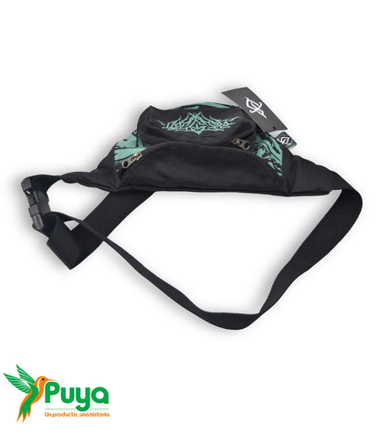 CANGURERA NEGRO Y TURQUEZA  CON STICKER