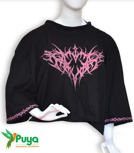 CROP TOP NEGRO CON DETALLE ROSAS  CON STICKER TALLA L
