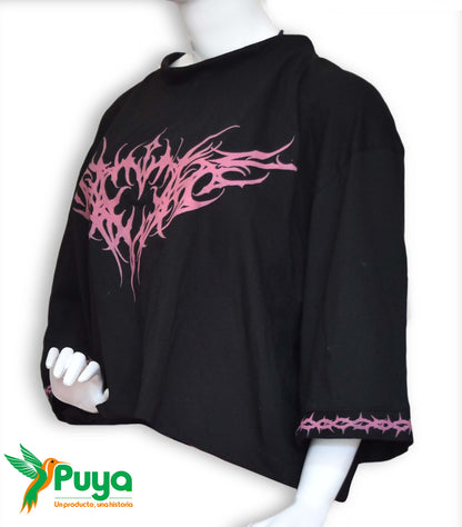 CROP TOP NEGRO CON DETALLE ROSAS  CON STICKER TALLA L