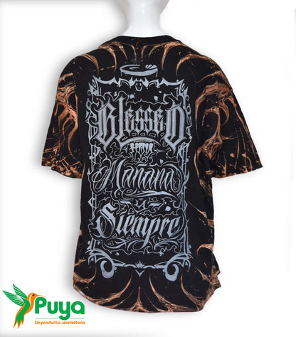 POLERA NEGRO PINTADO A MANO CON BOLSA Y STICKER (MARCA BLESSED)