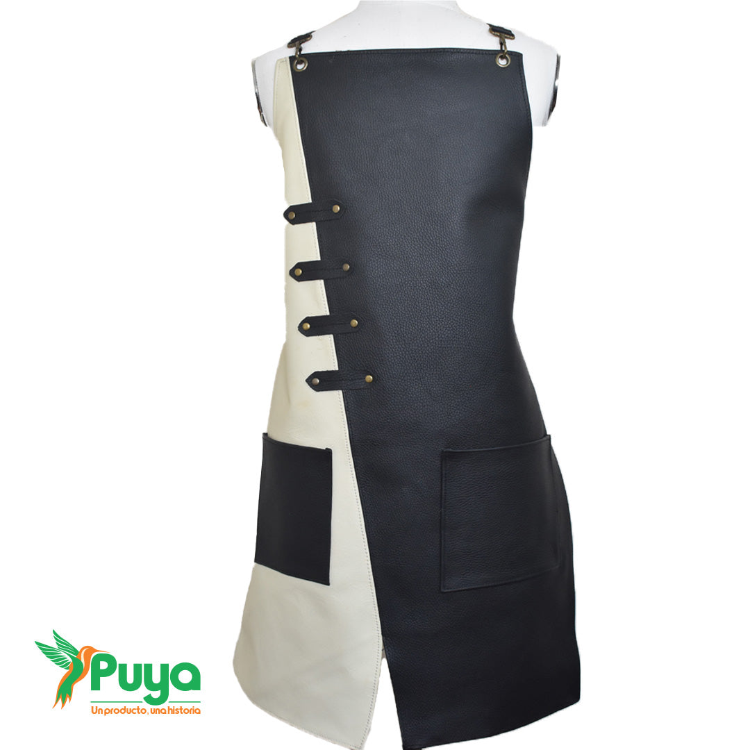 MANDIL DE CUERO COMBINADO NEGRO Y BLANCO
